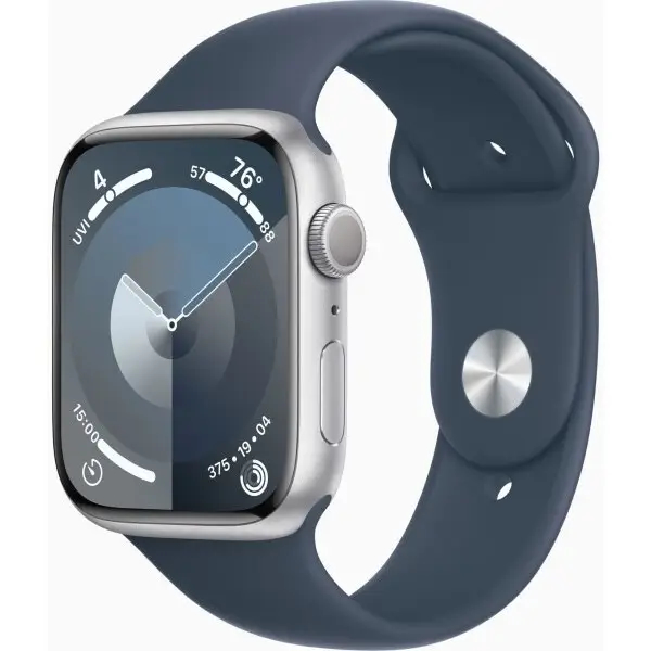 Apple Watch Series 9 GPS 45mm Silver Aluminum Case w. Storm Blue Sport Band - S/M (MR9D3)